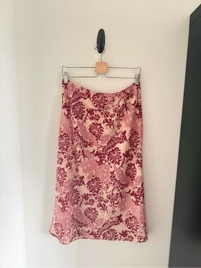 Vintage Cream Midi Skirt with Red Floral Damask Print